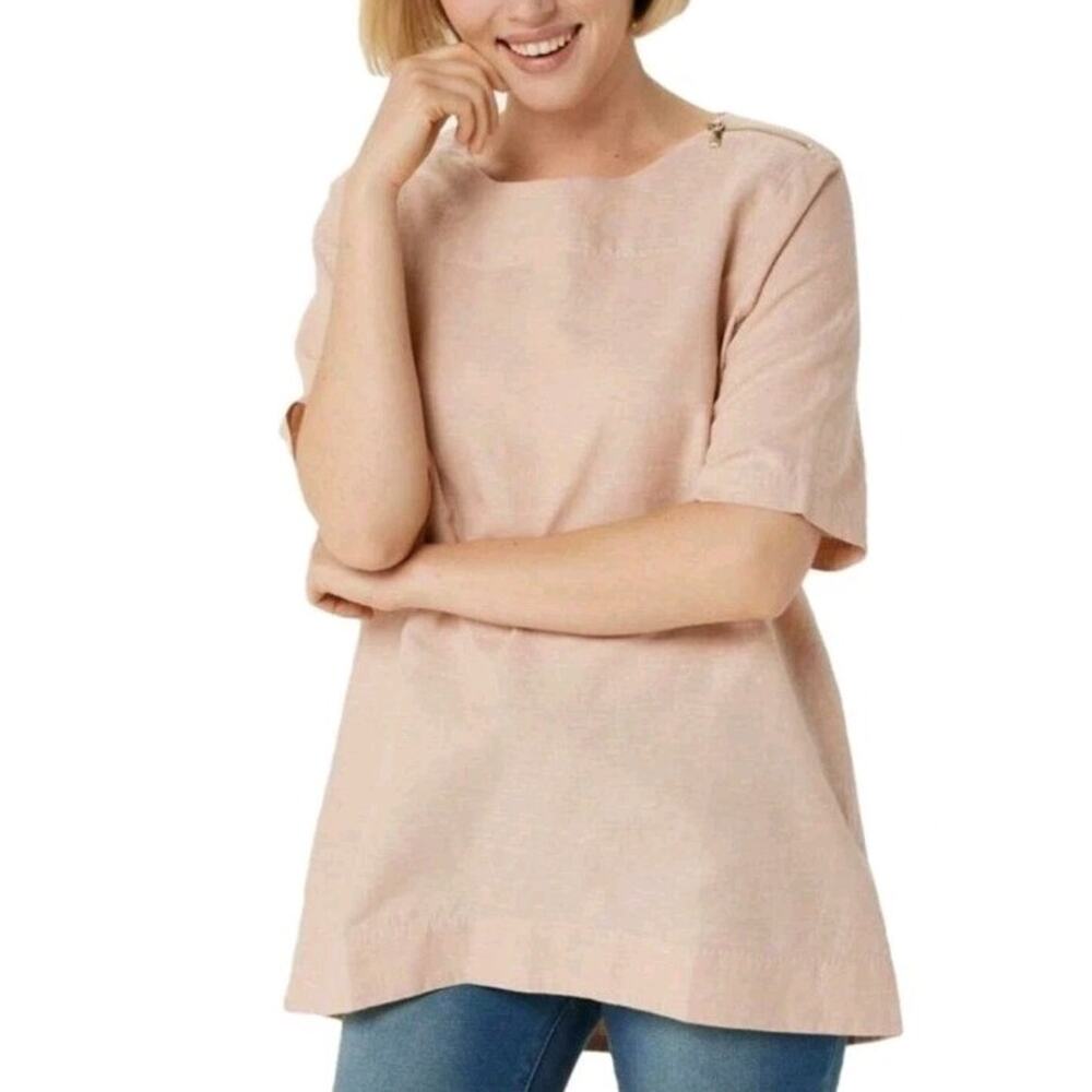 Martha Stewart XL Boxy Cotton Linen Shirt Zipper Shoulder Beige Peach